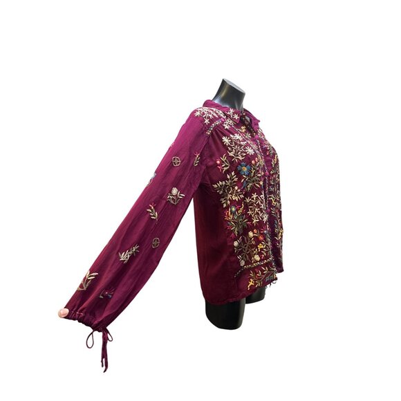 Johnny Was Burgundy Floral Embroidered Button-Up Blouse Size S - Picture 4 of 8